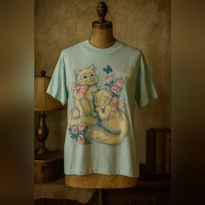 Vintage Cat Graphic T-Shirt • Nashville Print • Pastel Mint • USA Made